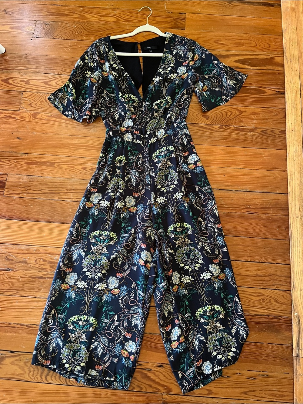 FATE Floral V-Neck Wide-Leg Jumpsuit - Navy with Multicolor Flowers